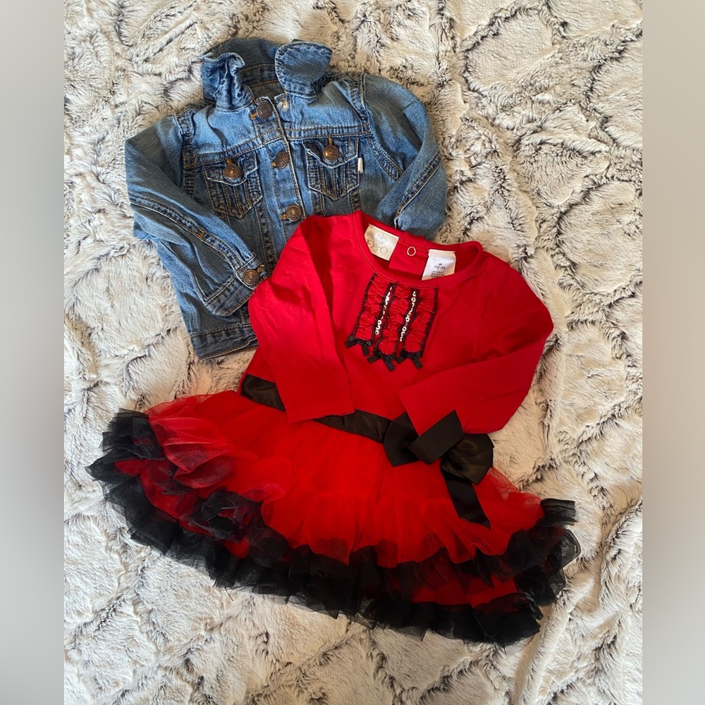 Red dress Onsie tutu with denim jacket size 9 months girls